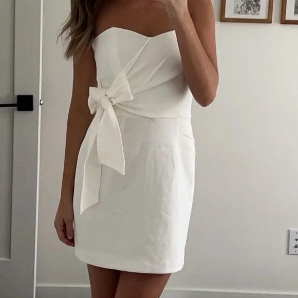 lena strapless mini dress Lena Strapless Bodycon Beaded Mesh Mini Dress in White | Size: XL | Knit Fabric/Mesh Fabric/Mesh Fabric